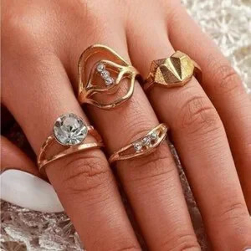 Gold 4pc Geometric Crystal Ring Set